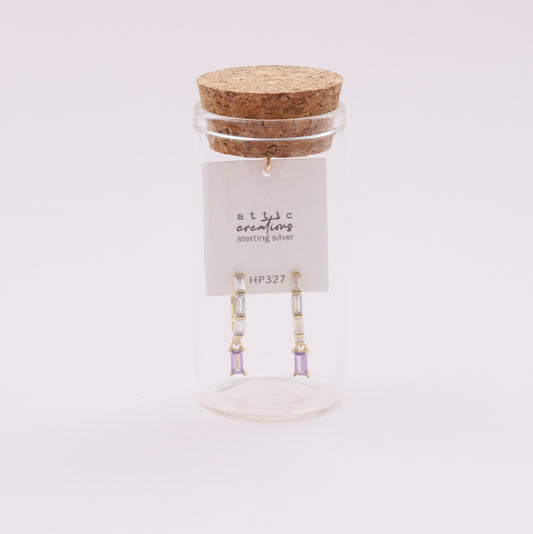 HP327 Purple & clear rectangle gemstone hoop earrings