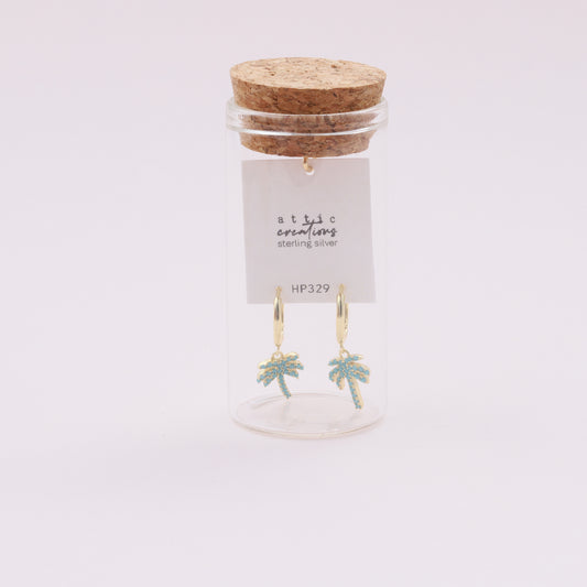 HP329 Turquoise gemstone palm tree hoop earrings