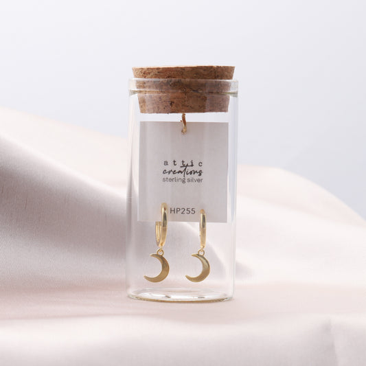 HP255 Hanging gold crescent moon hoop earrings