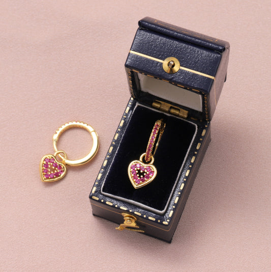 MEH067 Hanging Heart Cutout Red Gem hoops /Gold
