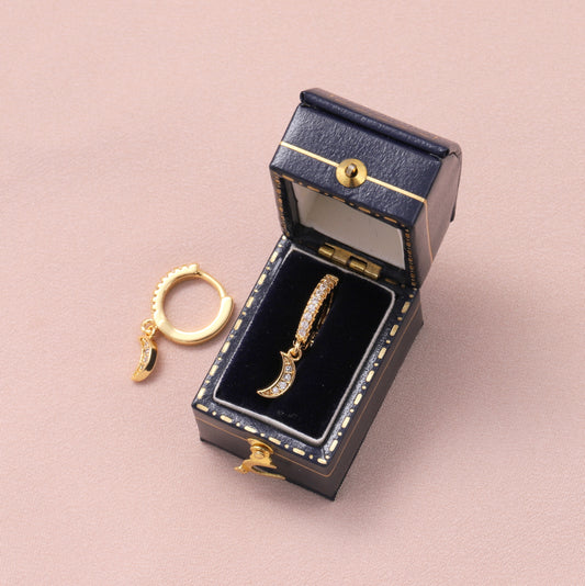 MEH073/MEH074 Little Crystal Inlaid Moon Hoops /Silver/Gold