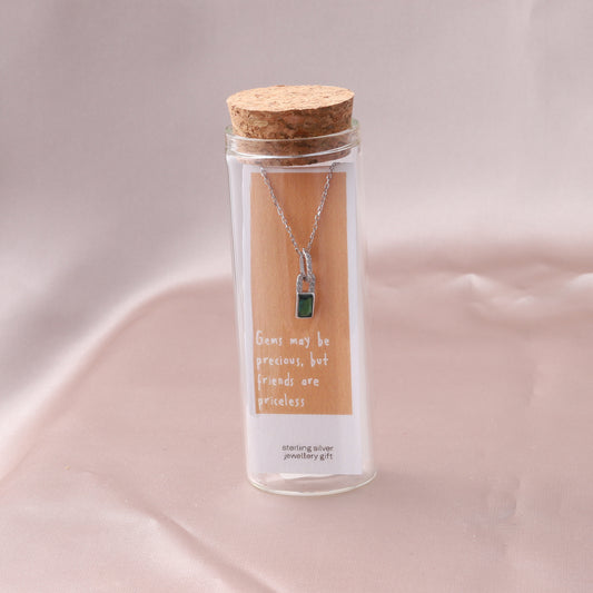ST9018 GEMS MAYBE PRECIOUS Green Gem and Crystal Rectangle Necklace SILVER