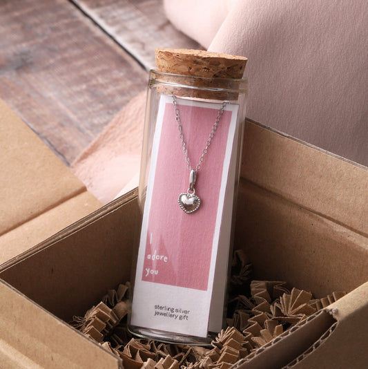 ST9043 I ADORE YOU Dotted Edge Heart Necklace SILVER