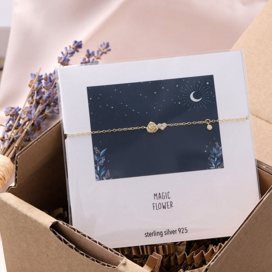 BC4009 MAGIC FLOWER Gold Rose and Crystal Heart Bracelet