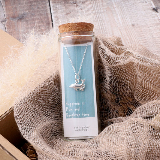 NT1022 'Happiness... mum and daughter' Two Dolphins Silver necklace