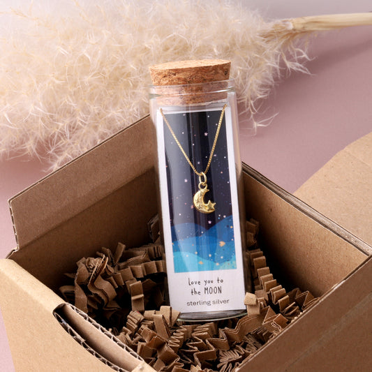NT030/31 'Love you to the moon' Crescent moon and stars necklace