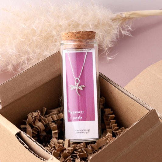 NT062 'Happiness is simple' Dragonfly Silver necklace