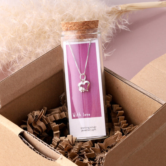 NT067 'WITH LOVE' Hollow heart with flower Silver necklace