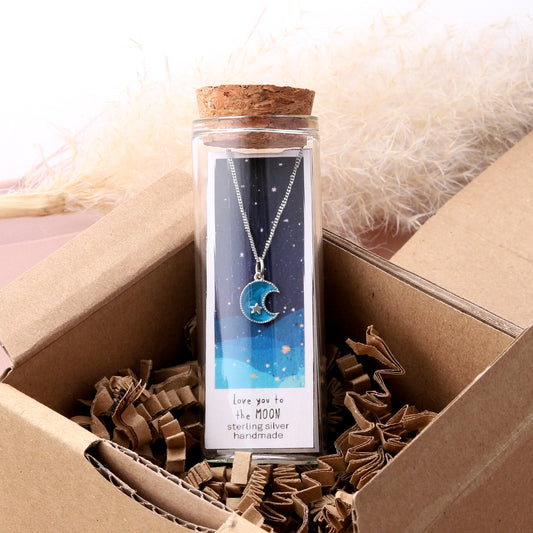 NT3023 Love You To The Moon Blue Moon Necklace Silver