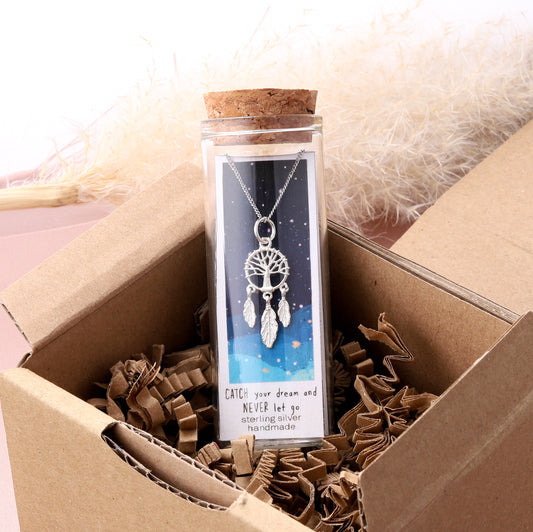NT3025 Catch Your Dream And Never Let Go Tree Dreamcatcher Necklace Silver