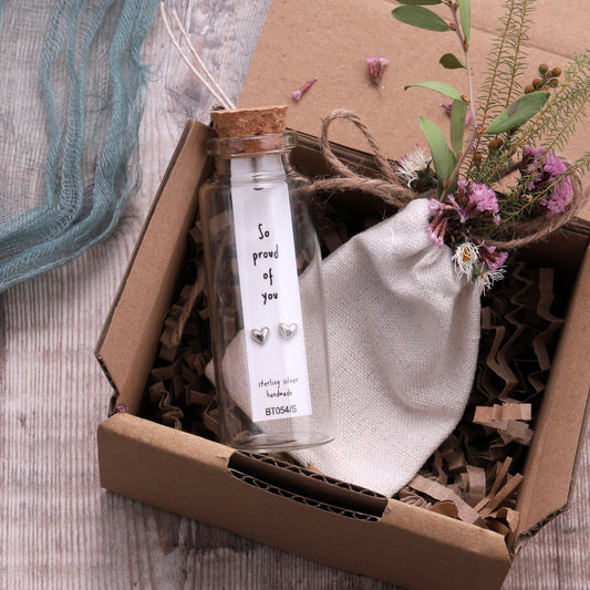 BT054 Message Bottle 'So Proud Of You' Heart Earrings