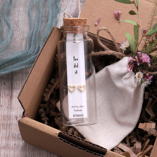 BT064 Message Bottle 'You Did It' Heart Earrings