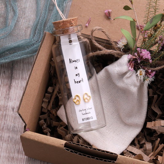 BT069 Message Bottle 'Always In My Heart' Two Hearts Earrings