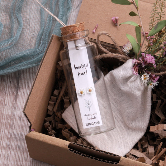 BT062 Message Bottle 'Beautiful Friend' Daisy Earrings
