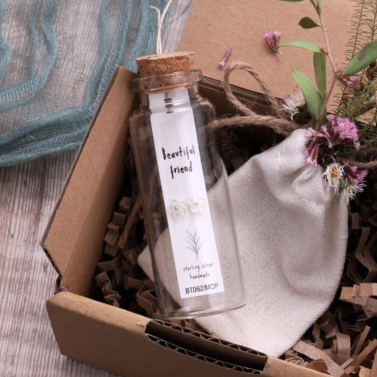 BT062 Message Bottle 'Beautiful Friend' Flower Earrings
