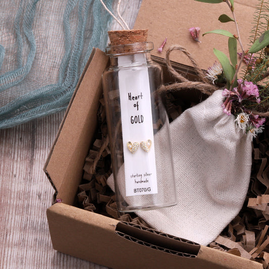 BT070 Message Bottle 'Heart Of Gold' Heart Earrings