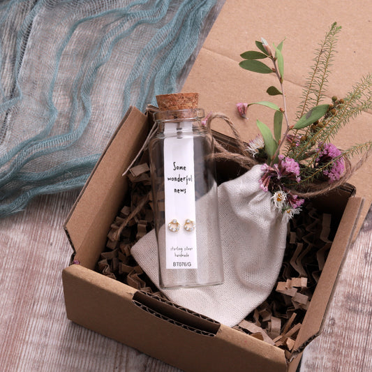 BT076 Message Bottle 'Wonderful News' Smiling Moon Earrings