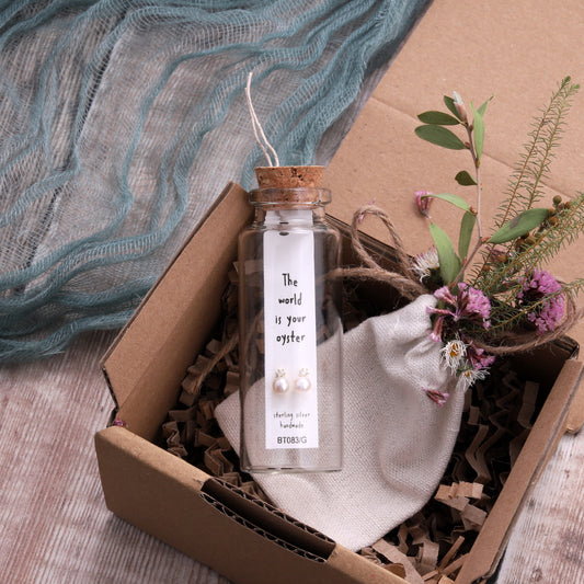BT083 Message Bottle 'World Is Your Oyster' Pearl Earrings