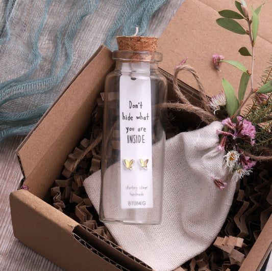 BT084 Message Bottle 'Don't Hide' Two Tone Butterfly Earrings