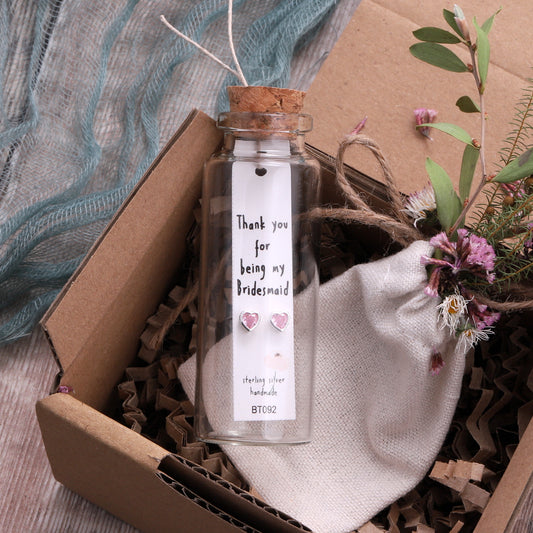 BT092 Message Bottle Bridesmaid Thank You Pink Heart Earrings