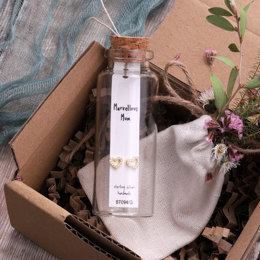 BT094 Message Bottle 'Marvellous Mum' Heart Earrings