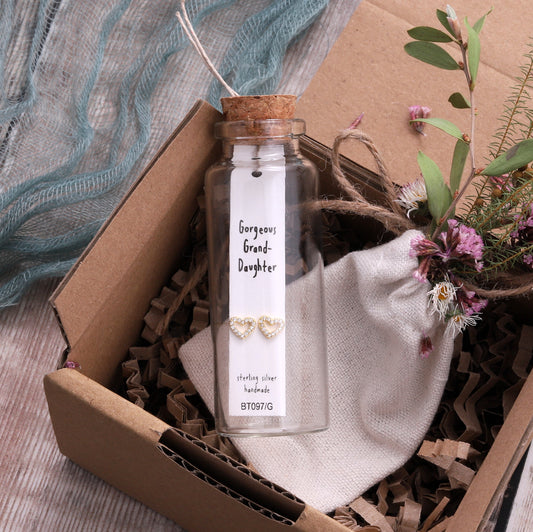 BT097 Message Bottle 'Gorgeous Granddaughter' Heart Earrings