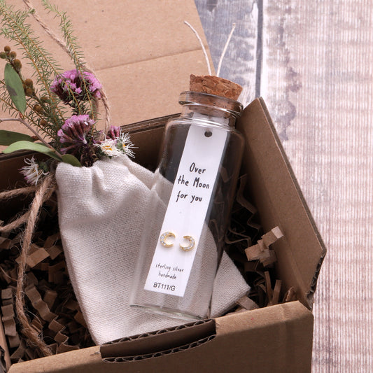 BT111 Message Bottle 'Over The Moon For You' Moon Earrings