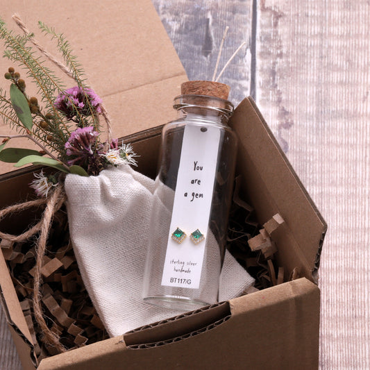 BT117 Message Bottle 'You Are A Gem' Emerald Gem Earrings