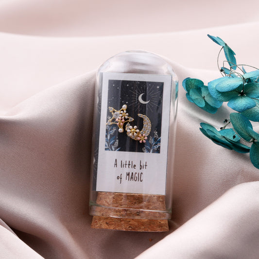 TT64056 'A little bit of MAGIC' Asymmetrical Crystal Moon & Star With Flower Earrings Gold