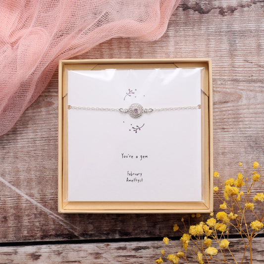 BB003 February Silver Birthstone Bracelet on card