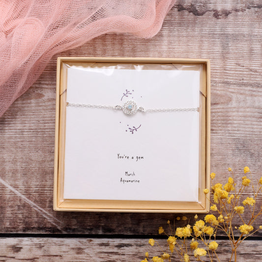 BB005 March Silver Birthstone Bracelet on card