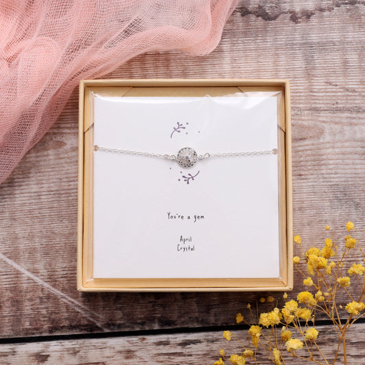 BB007 April Silver Birthstone Bracelet on card
