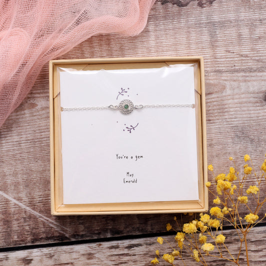 BB009 May Silver Birthstone Bracelet on card