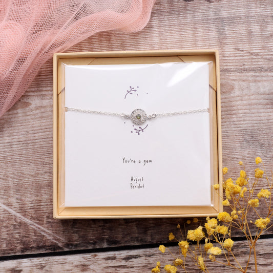BB015 August Silver Birthstone Bracelet on card