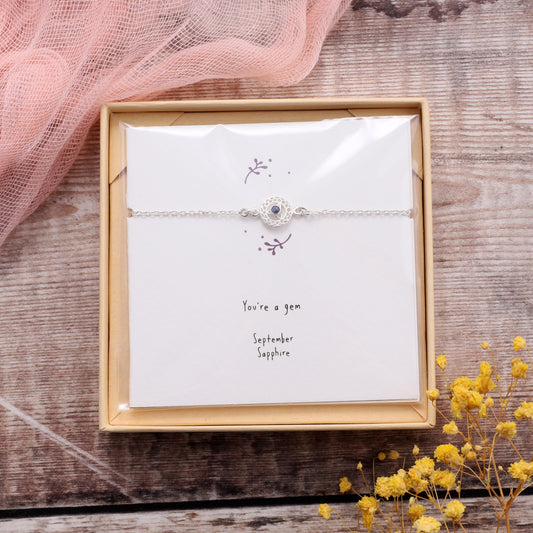 BB017 September Silver Birthstone Bracelet on card