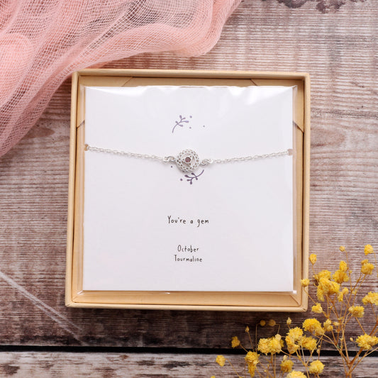 BB019 October Silver Birthstone Bracelet on card