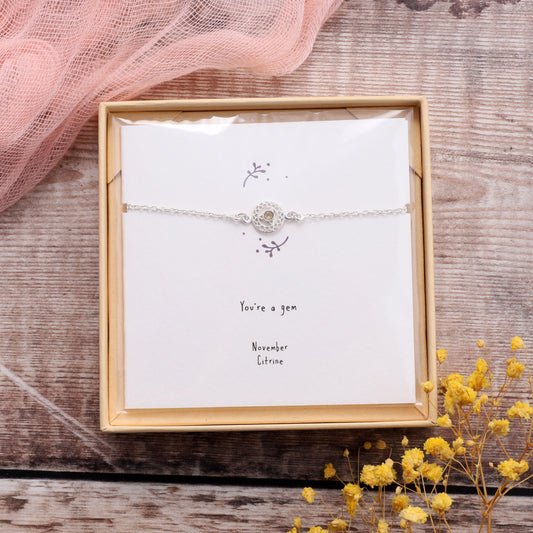 BB021 November Silver Birthstone Bracelet on card