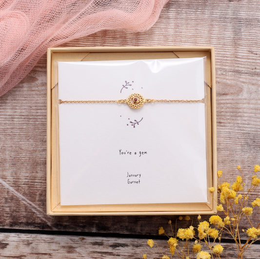 BB002 January Gold Birthstone Bracelet on card