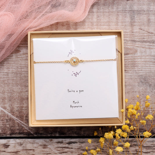 BB006 March Gold Birthstone Bracelet on card