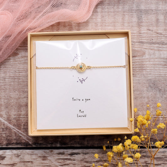 BB010 May Gold Birthstone Bracelet on card
