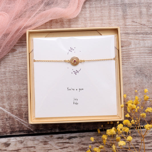 BB014 July Gold Birthstone Bracelet on card