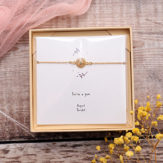 BB016 August Gold Birthstone Bracelet on card