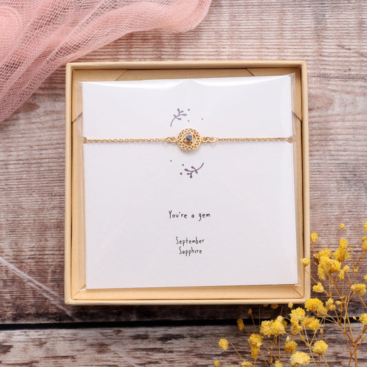 BB018 September Gold Birthstone Bracelet on card