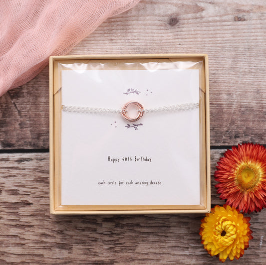 BDB004 Rose Gold Happy 40th Birthday Bracelet on card
