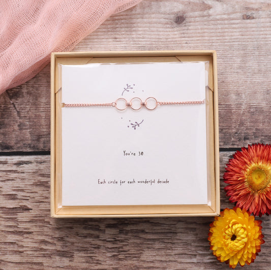 BDB006 Rose Gold 30 Th Birthday Circle Bracelet on card