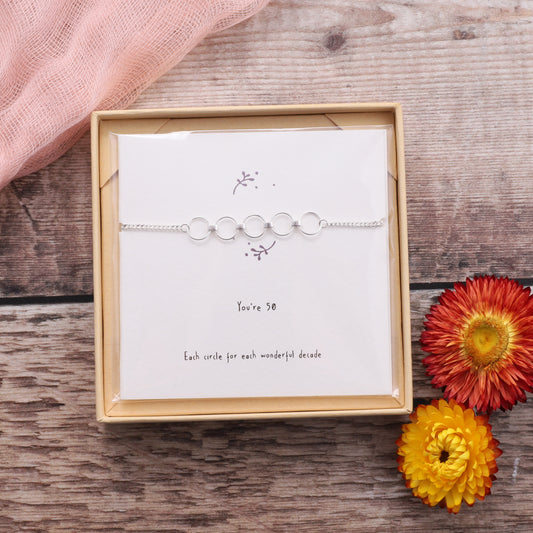 BDB009 Silver 50 Th Birthday Circle Bracelet on card