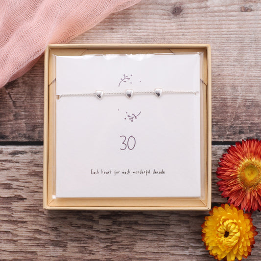 BDB011 Silver 30th Birthday Sterling Silver Hearts Bracelet on card