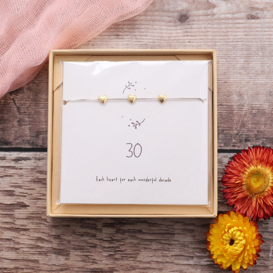 BDB012 Gold 30th Birthday Sterling Silver Hearts Bracelet on card
