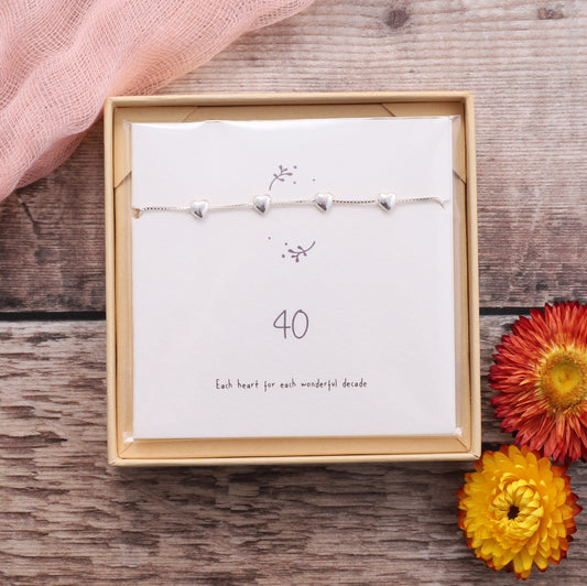 BDB013 Silver 40th Birthday Sterling Silver Hearts Bracelet on card