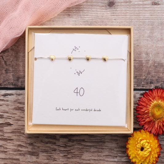 BDB014 Gold 40th Birthday Sterling Silver Hearts Bracelet on card